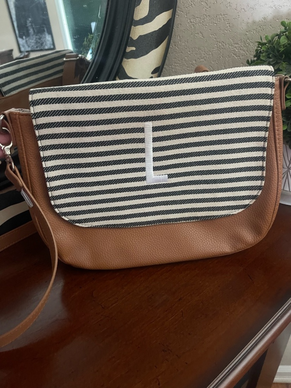 thirty-one Tan Leather & Black-White Striped Crossbody with White Initial